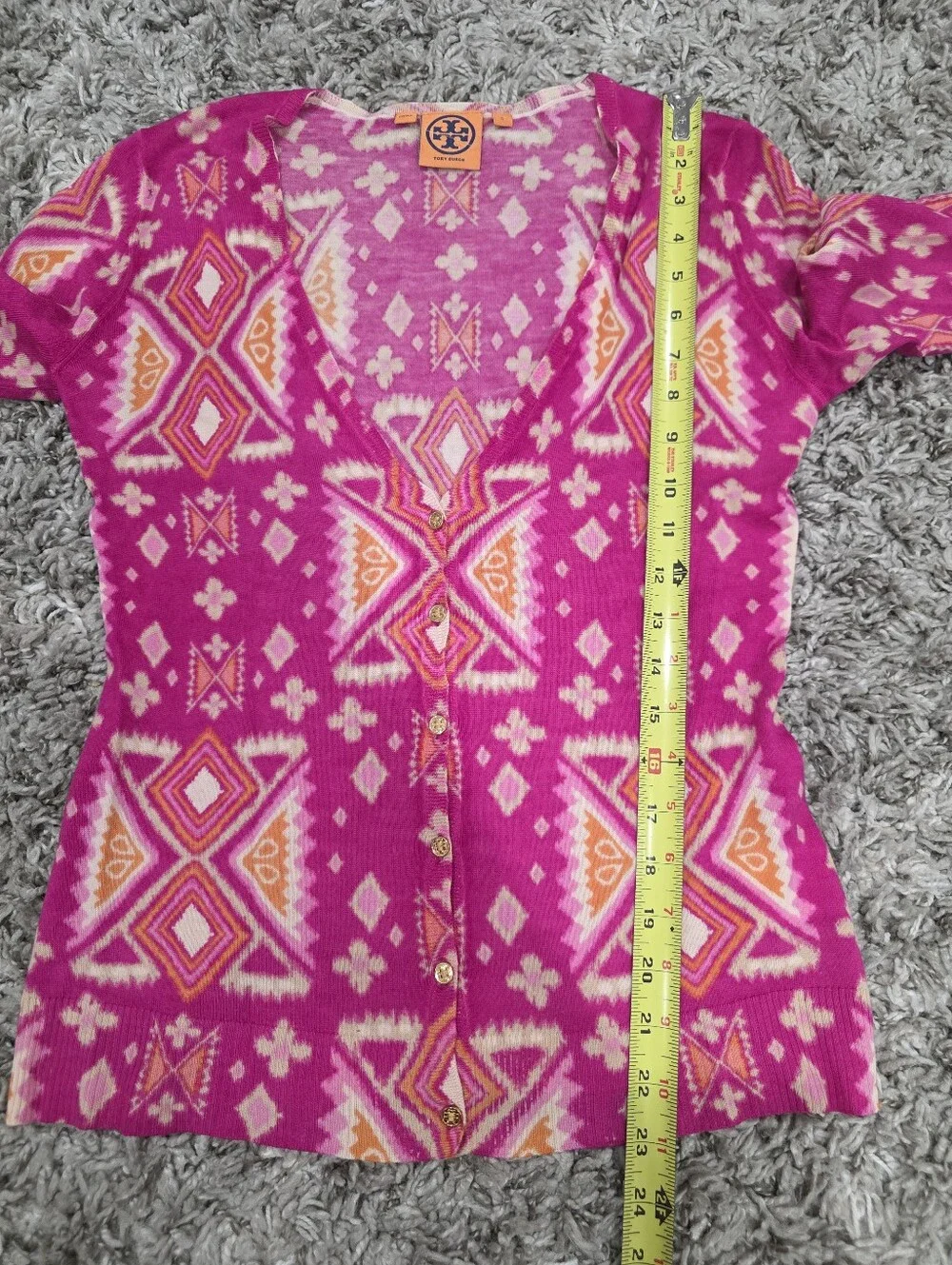 Tory Burch 100% Merino Wool Pink Print Cardigan Sweater Size Small